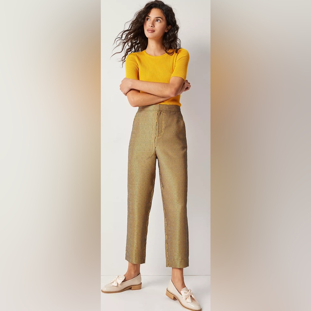 Maeve Anthropologie Metallic Gold Wavy Chevron Jacquard Straight Leg Pants Small